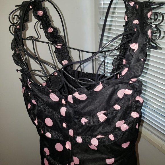 SOLD Vtg 90s Y2K Button Up Ruffled Pink Polka Dot Black Prairie Dress Jumper M - Picture 4 of 14